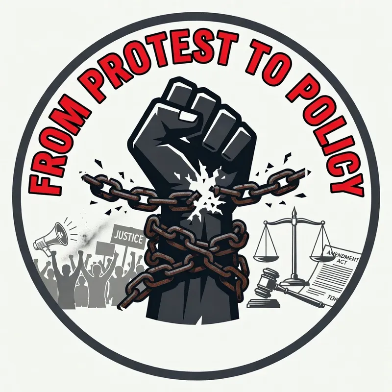 From Protest to Policy — a raised fist breaking chains, with protesters on one side and the scales of justice on the other