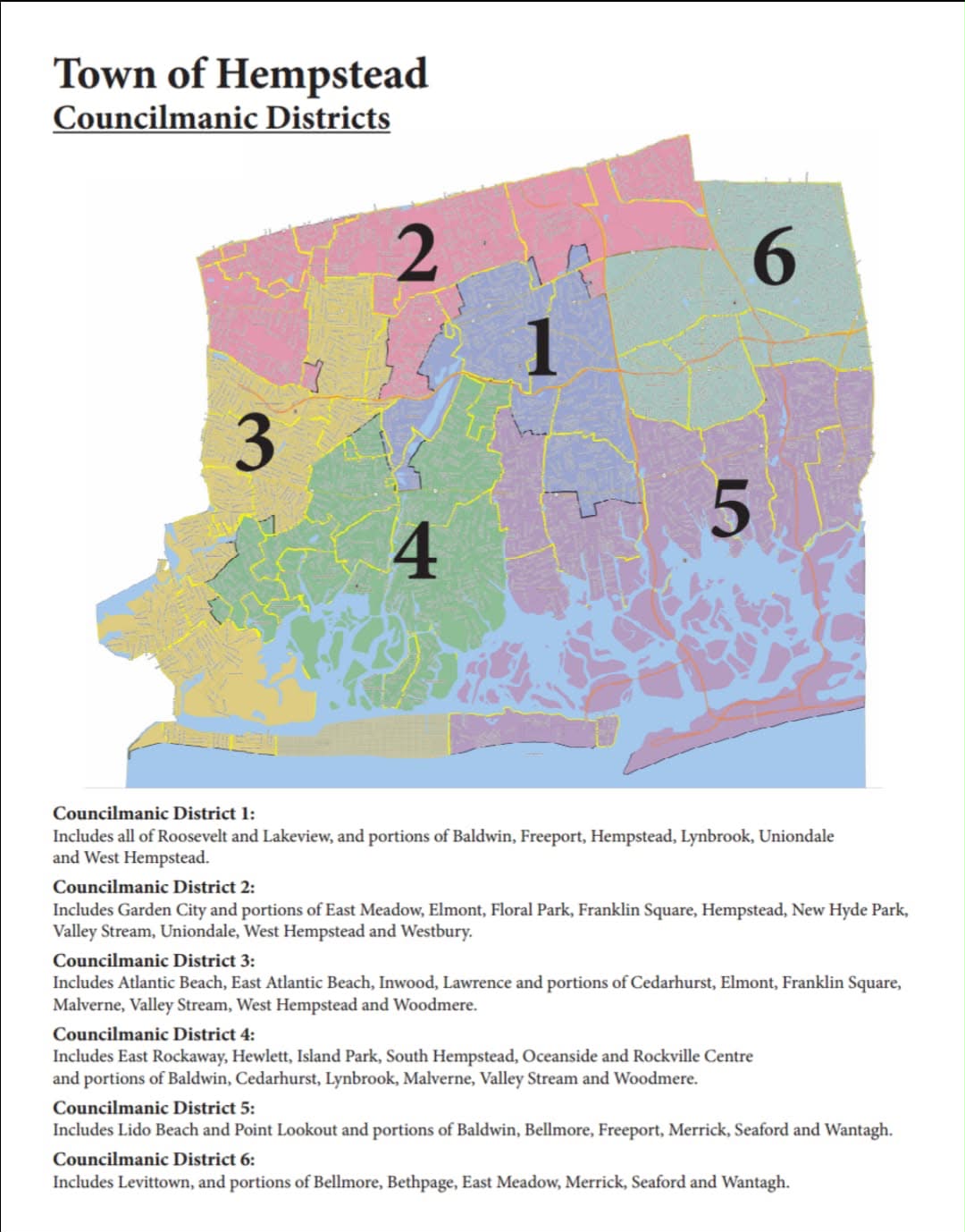 Map of the Town of Hempstead's six councilmanic districts